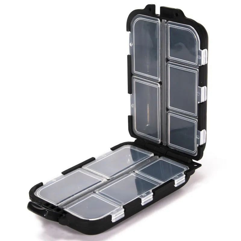 Fishing tackle storage box with 10 compartments in black, green, or blue colour options
