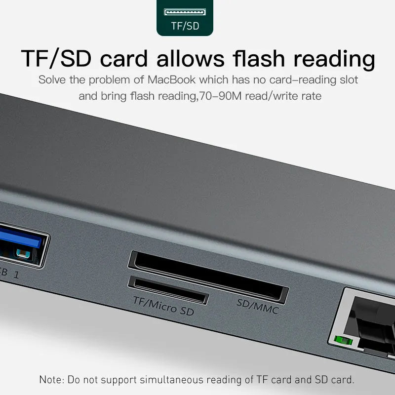 Grey aluminium ten-port USB hub docking station with cooling bracket for HDMI VGA and gigabit ethernet