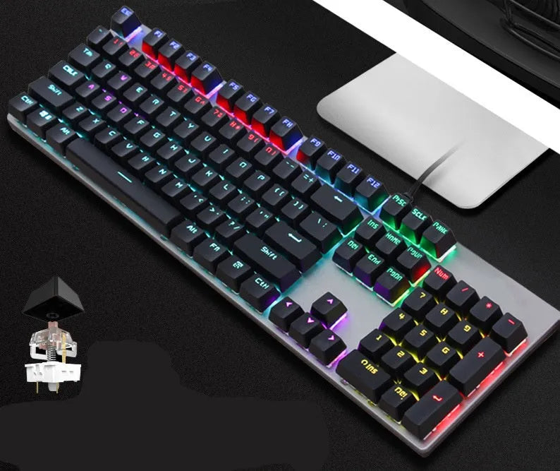 AOC GK410 green axis mechanical keyboard with 104 keys, metal construction, and USB cable