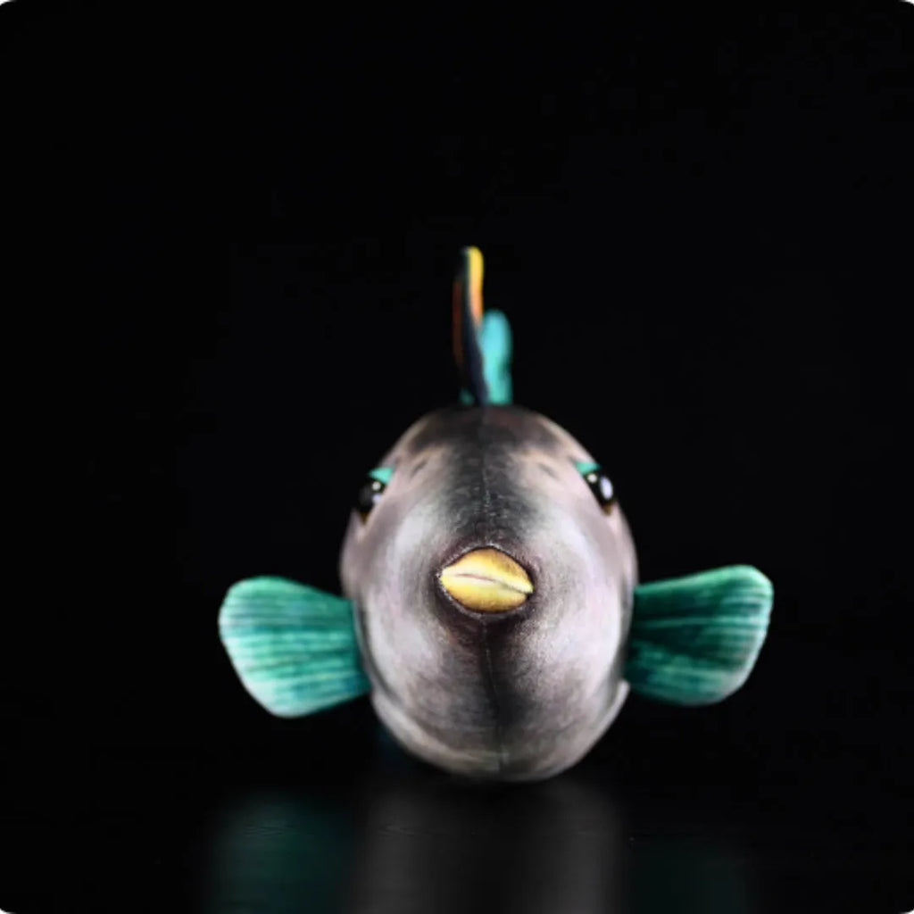 Simulation green fin pufferfish plush toy 42cm flannel soft doll on display