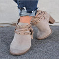 Women's suede high-heeled Martin boots with rivets and belt buckle, round toe, thick heel, mid-calf, red colour
