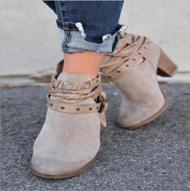 Women's suede high-heeled Martin boots with rivets and belt buckle, round toe, thick heel, mid-calf, red colour