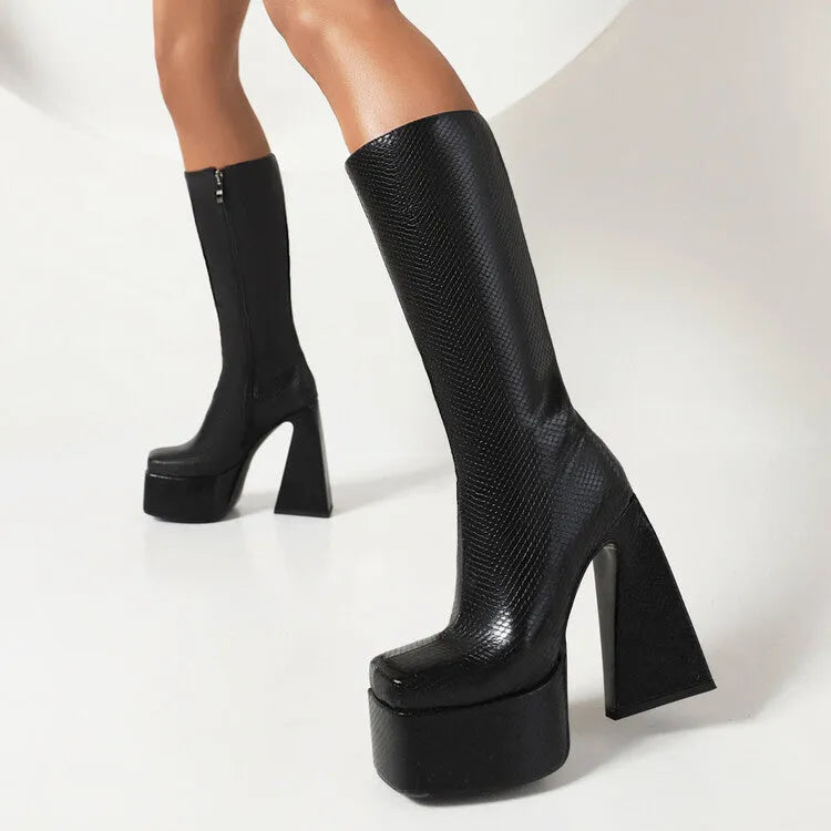 Women's black casual high boots made from artificial PU leather in European size 38