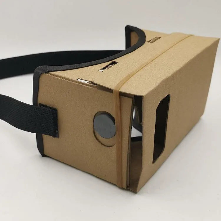 Foldable pink and white cardboard VR headset for smartphones with lenses and a head strap.