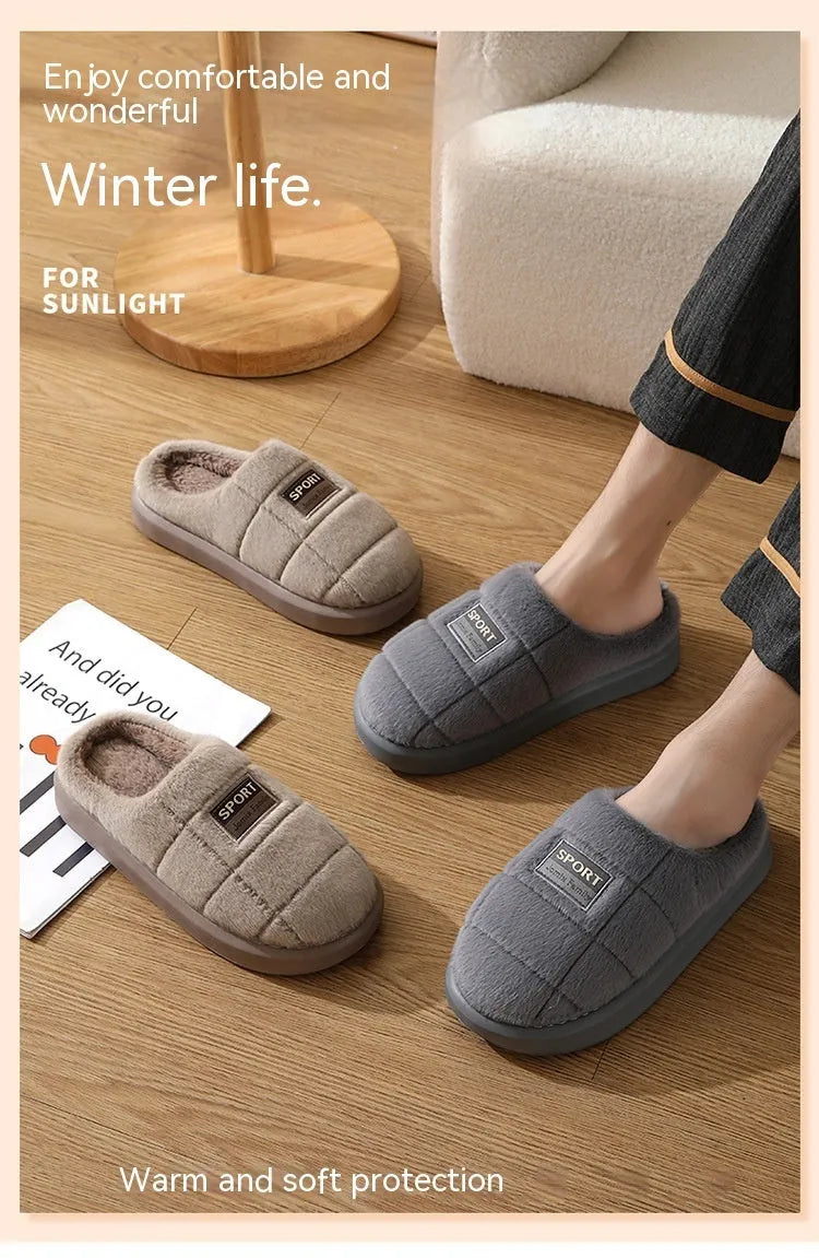 Men's grey and brown plaid cotton slippers with artificial wool lining and EVA soles