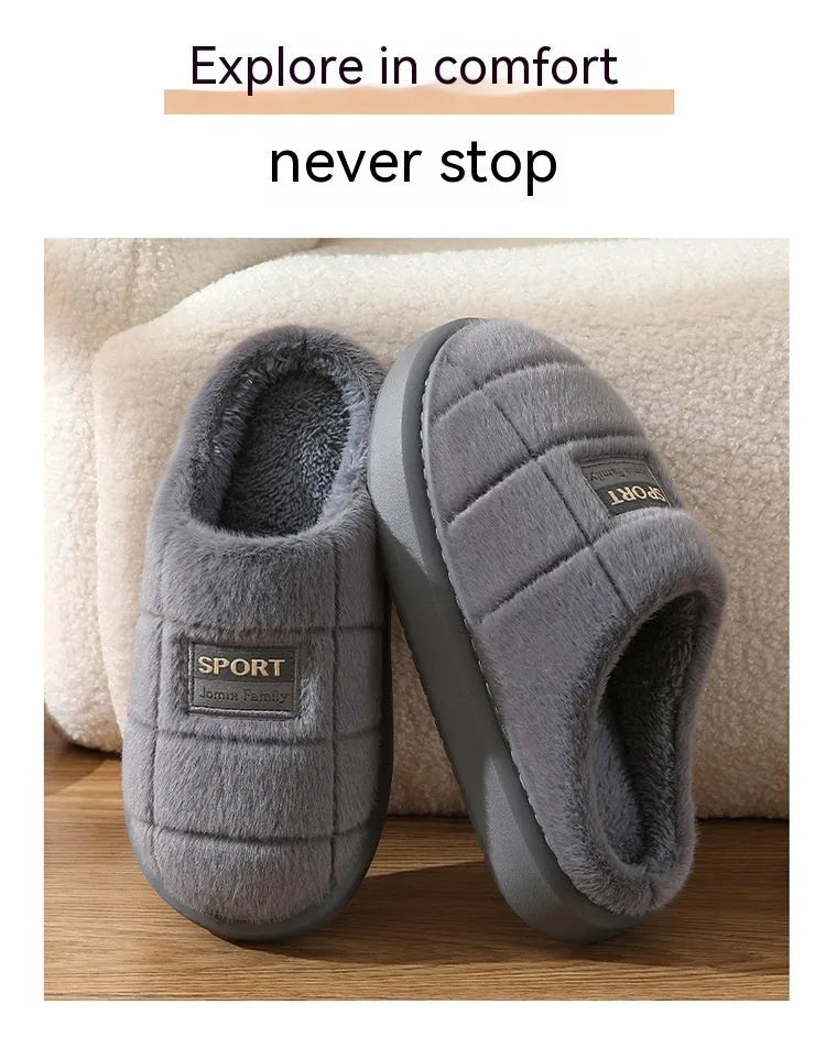 Men's grey and brown plaid cotton slippers with artificial wool lining and EVA soles