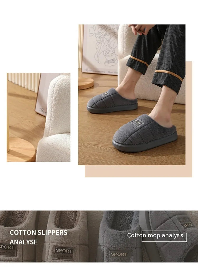 Men's grey and brown plaid cotton slippers with artificial wool lining and EVA soles