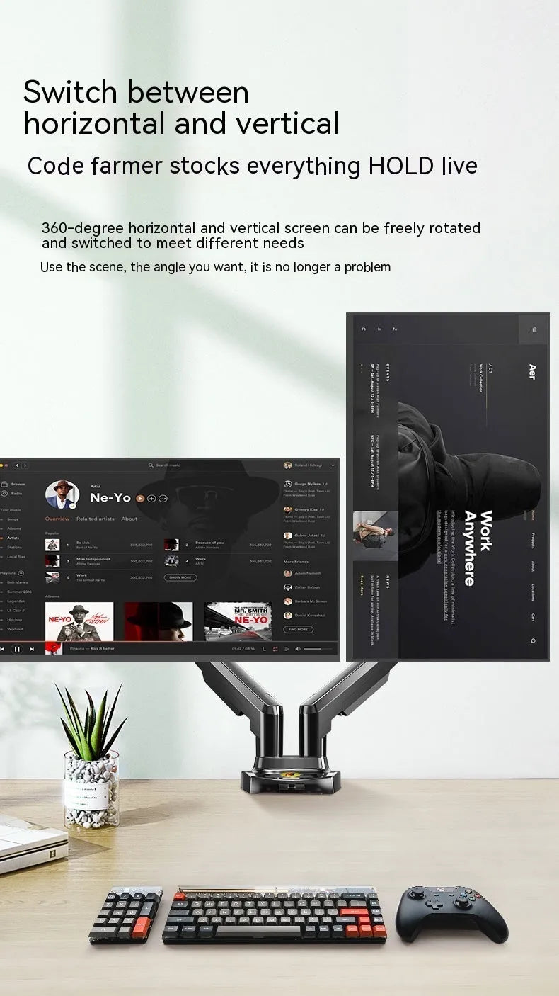 Dual monitor desk clamp bracket showing VESA mounting arms and height adjustment mechanism.