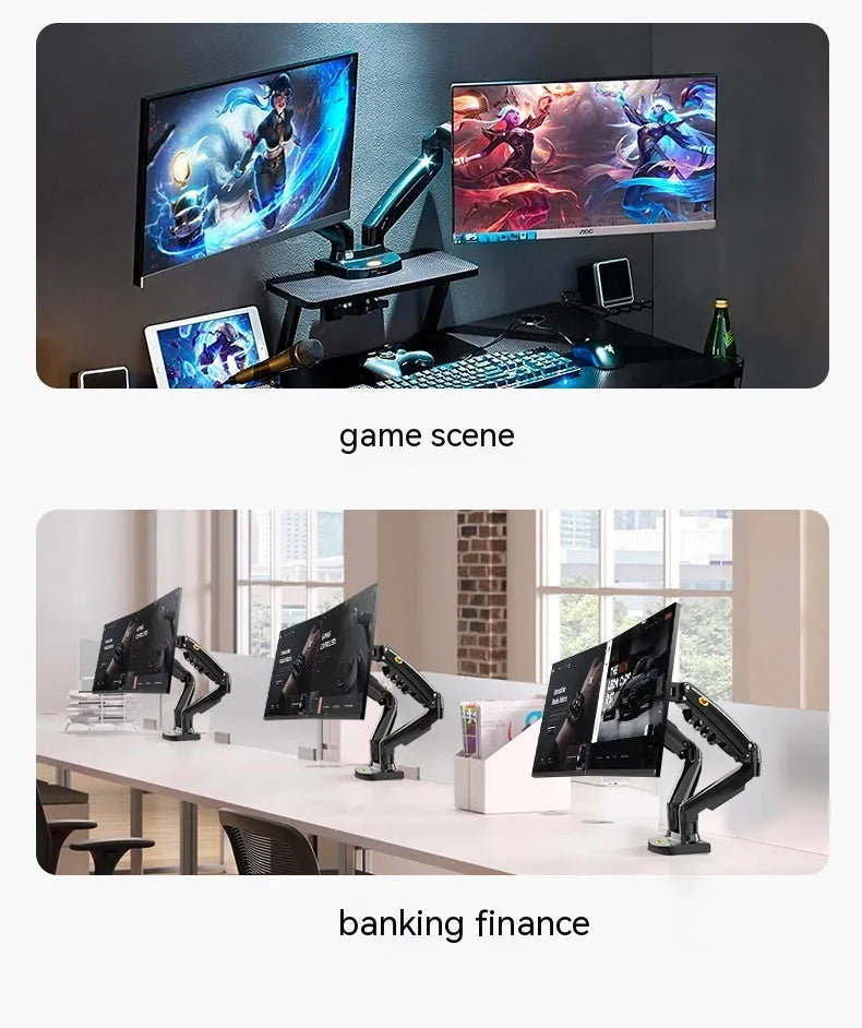 Dual monitor desk clamp bracket showing VESA mounting arms and height adjustment mechanism.