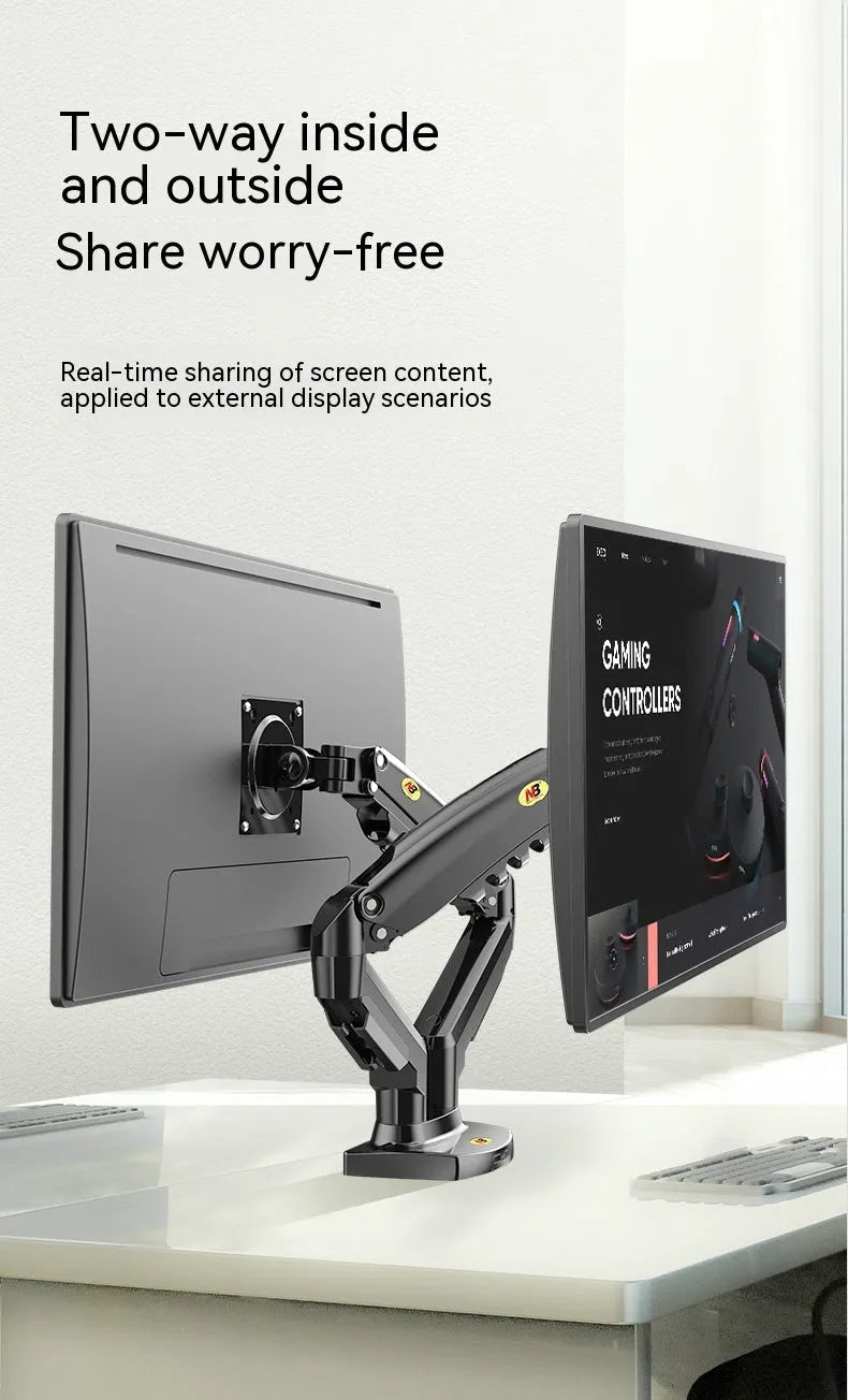 Dual monitor desk clamp bracket showing VESA mounting arms and height adjustment mechanism.
