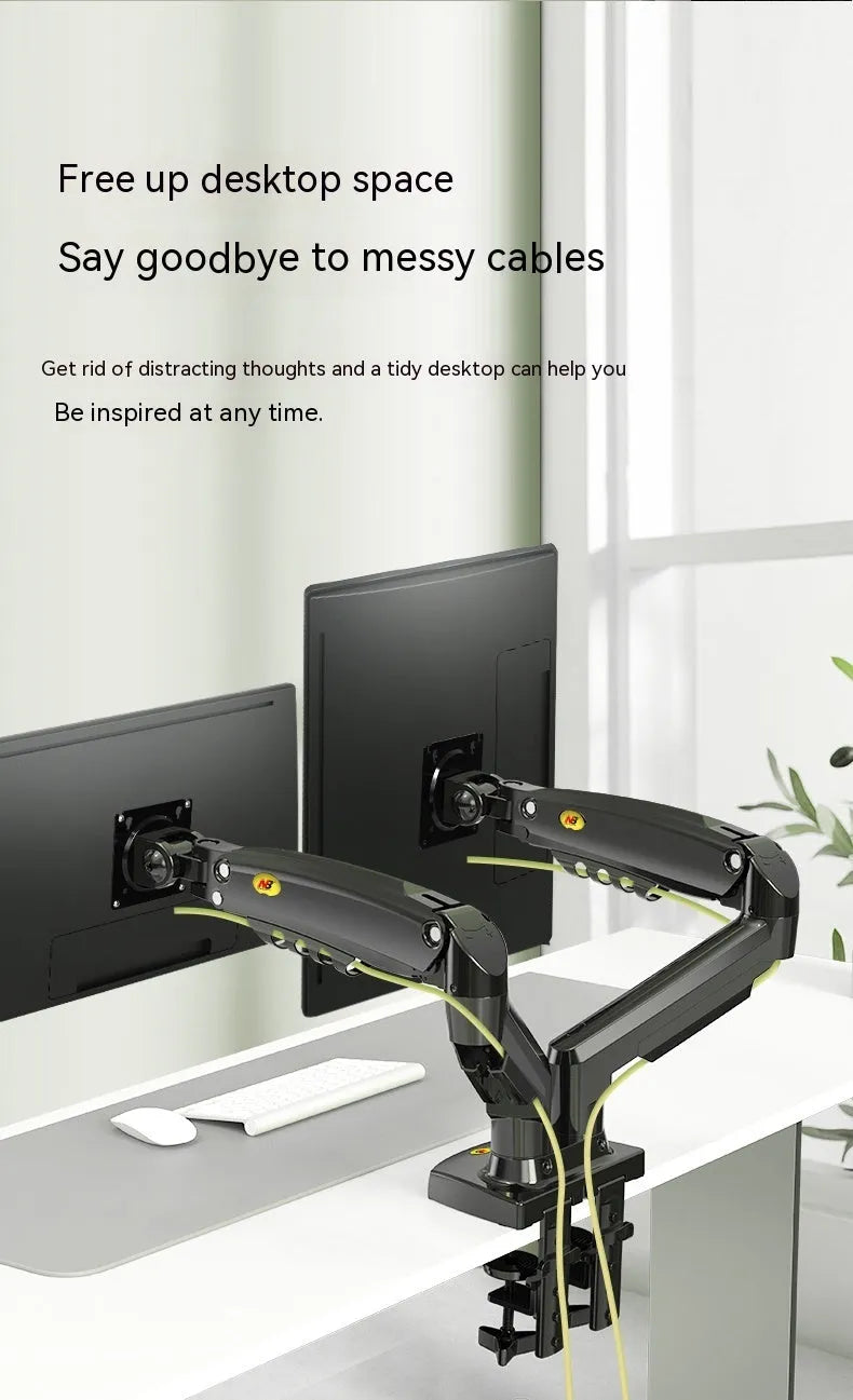 Dual monitor desk clamp bracket showing VESA mounting arms and height adjustment mechanism.