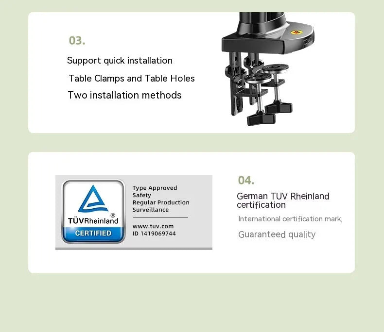 Dual monitor desk clamp bracket showing VESA mounting arms and height adjustment mechanism.