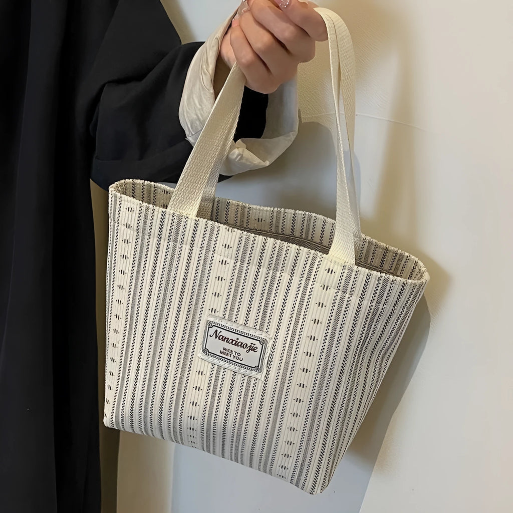 Japanese style corduroy handbag with large capacity in ivory white colour