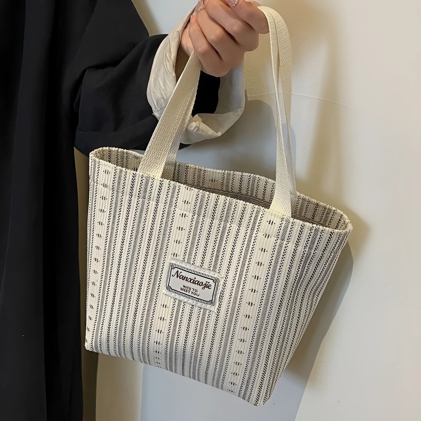 Japanese style corduroy handbag with large capacity in ivory white colour