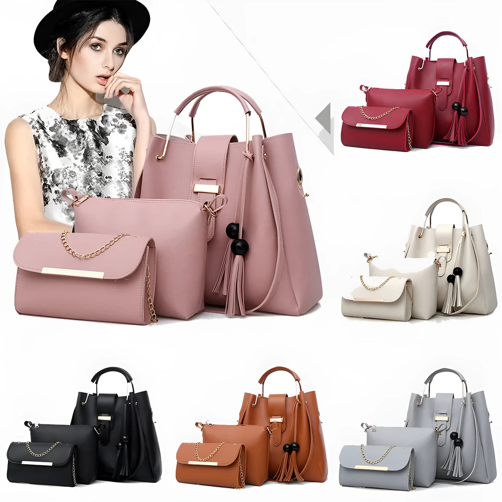 Women's 3 piece PU leather handbag set with shoulder bag, crossbody bag, and tote with tassel and metal handle