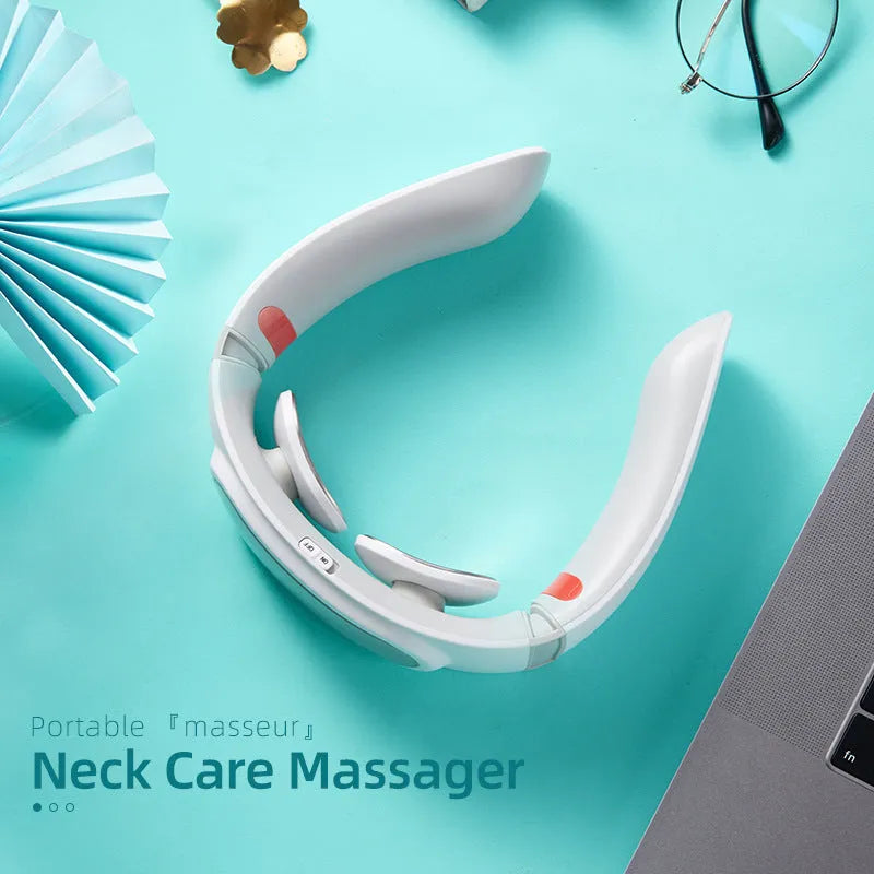 Grey white neck massager with voice control and ergonomic neck curve design