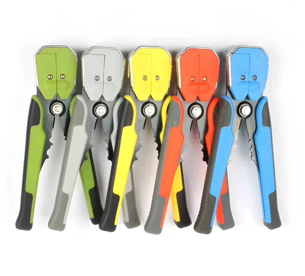 Yellow automatic wire stripper tool with crimping jaws and cutting blade