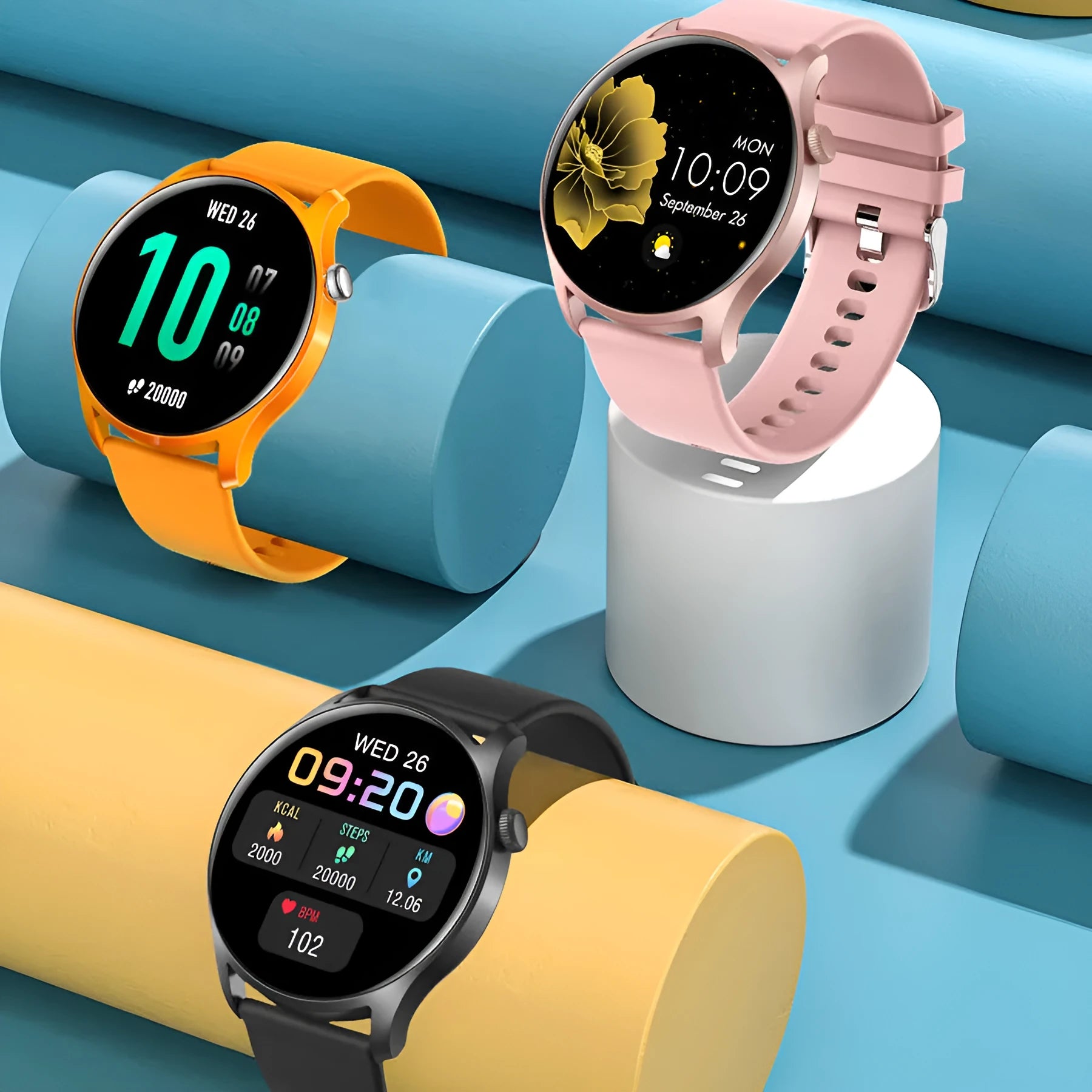 Smart watch with heart rate and blood pressure monitoring on silicone wristband