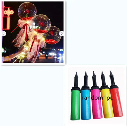 Transparent LED luminous balloon with artificial rose and built-in light, shown as a DIY bouquet kit.