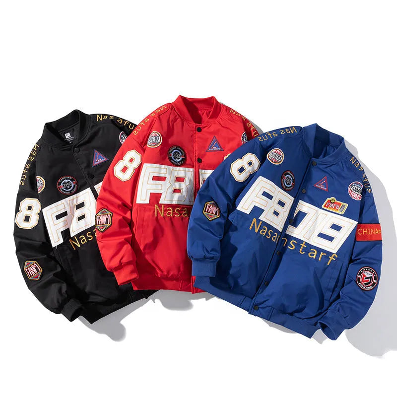American motorcycle baseball uniform jacket in black with removable hood and side pockets