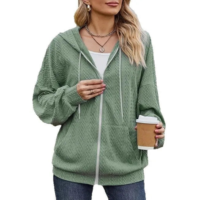 Green women's zip hoodie coat in loose Japanese Korean casual style for autumn and winter