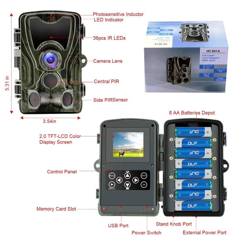 HC801A hunting camera with 36 infrared lights and 2.4-inch LCD screen mounted outdoors