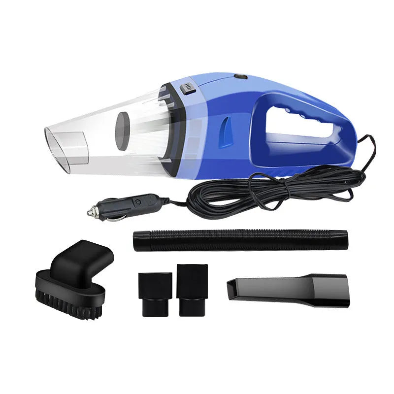 12V handheld car vacuum cleaner in orange, black, or blue with multiple nozzles and a long power cable.