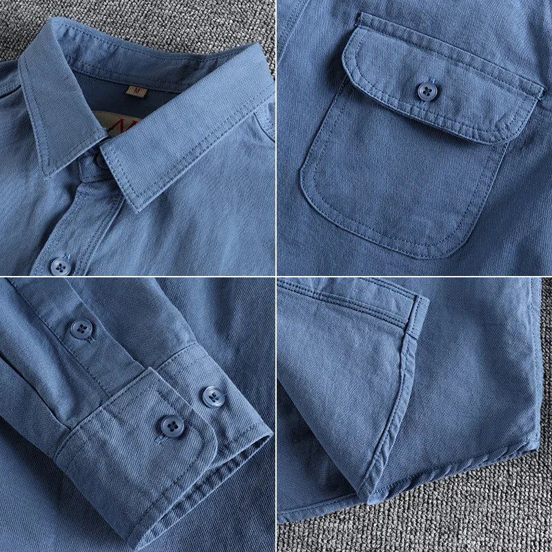 Men's solid colour cotton cardigan shirt with long sleeves in light blue.