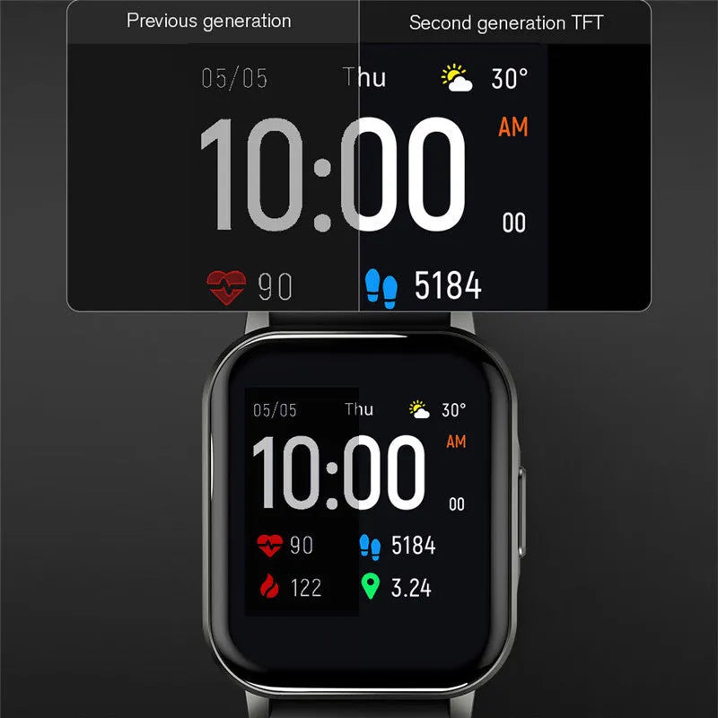 Black waterproof smart bracelet with 1.4-inch screen on silicone wrist strap showing heart rate display