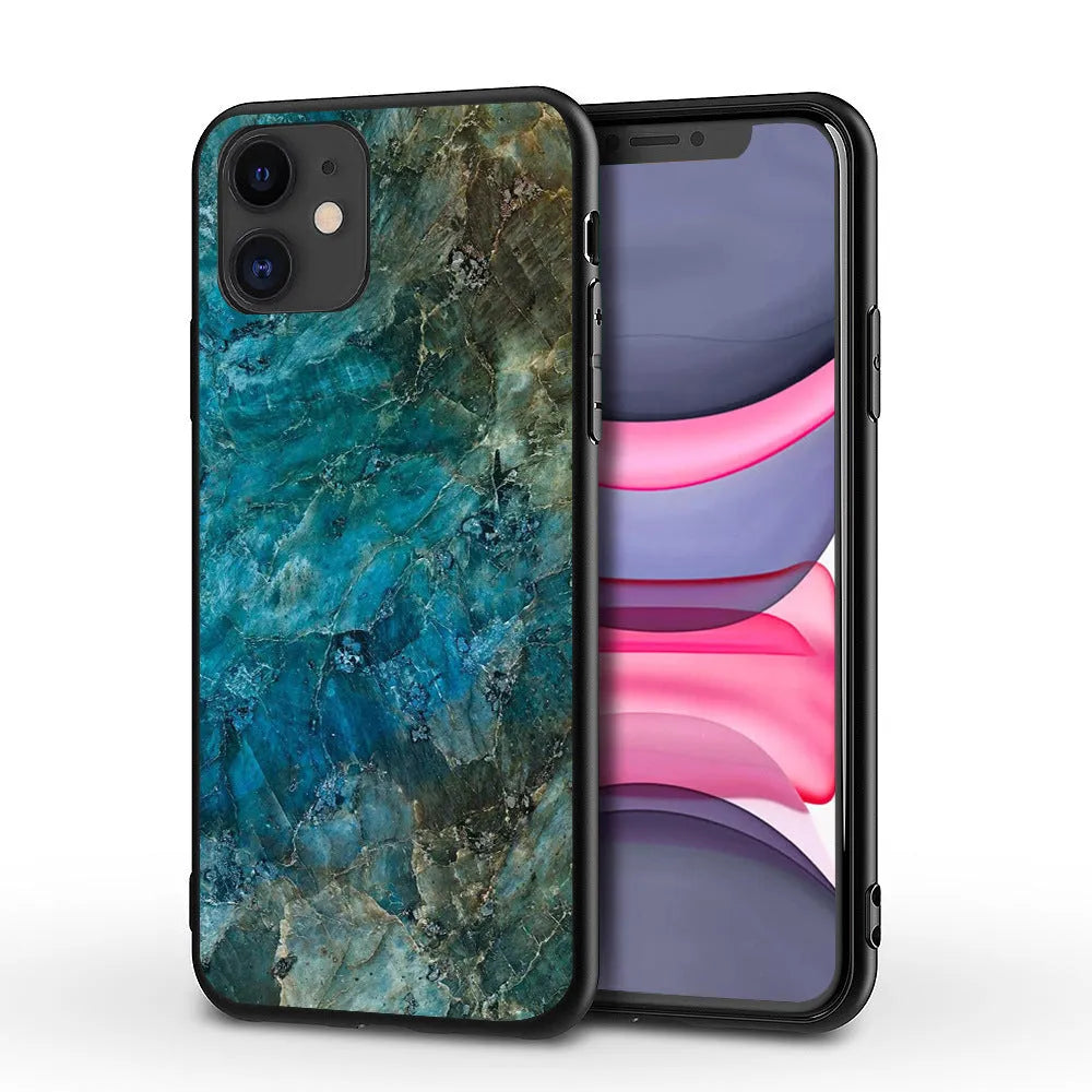 Marble pattern iPhone case showing shockproof waterproof design with precise port cutouts