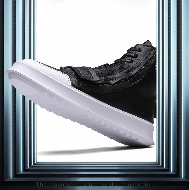 PU leather men's winter ankle boots in black and white high-top sneaker style