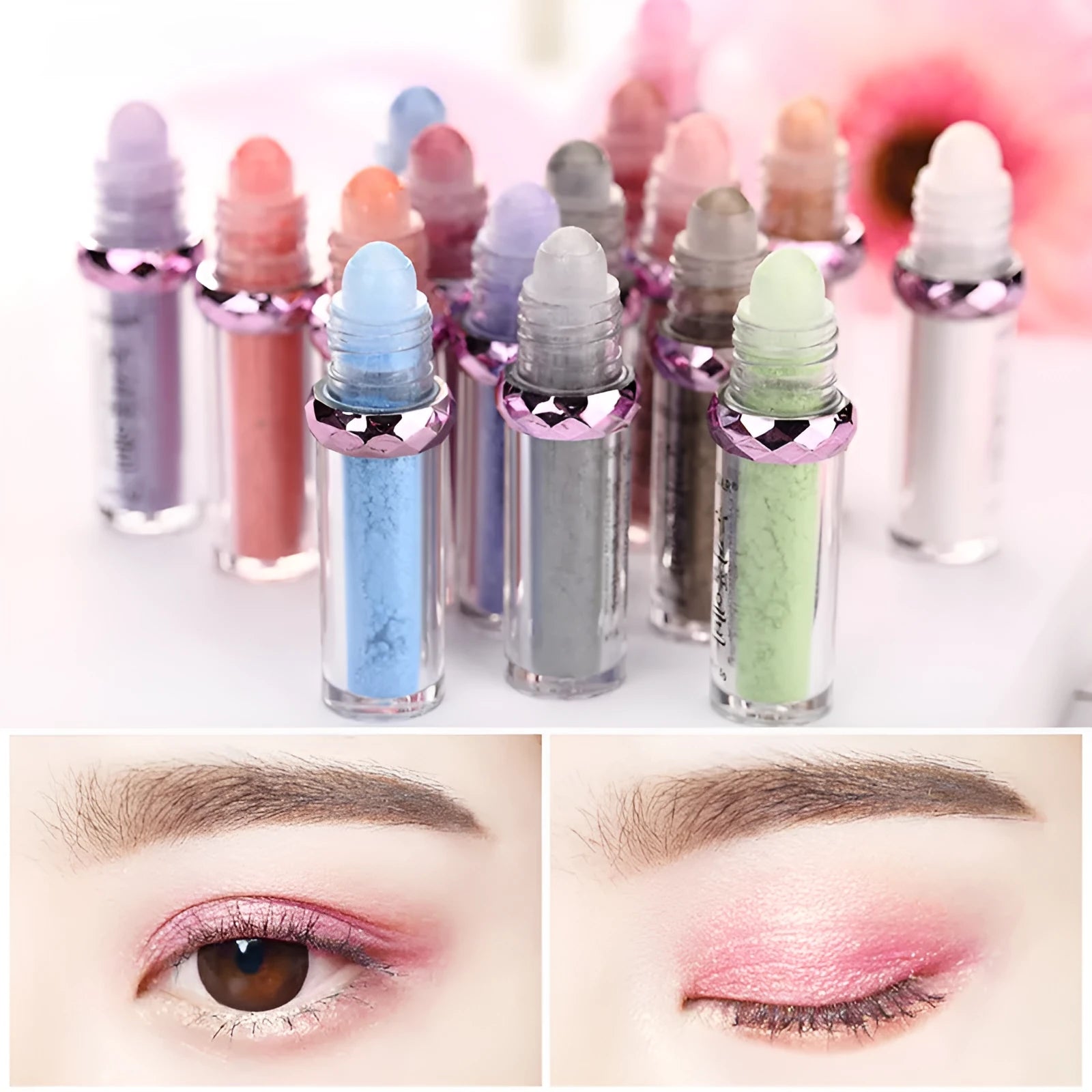 Pearl eye shadow powder in a compact with smooth fine texture, available in 16 colour styles, waterproof and sweat-proof formula