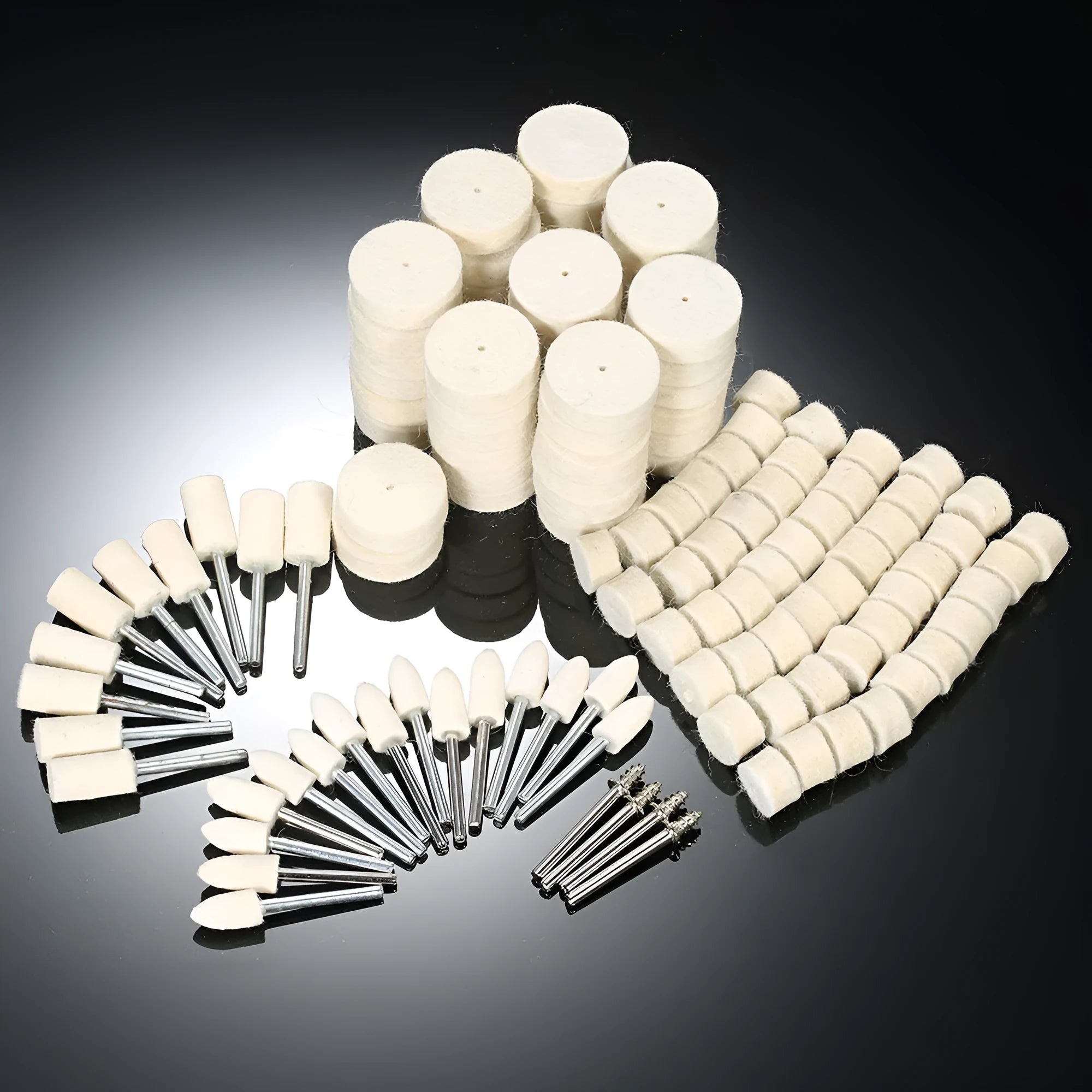 129-piece polishing wheel accessory set with wool and iron abrasive pads in white and metal finish on a white background