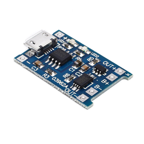 Blue lithium battery charging and protection circuit board measuring 2.6 by 1.7 centimetres