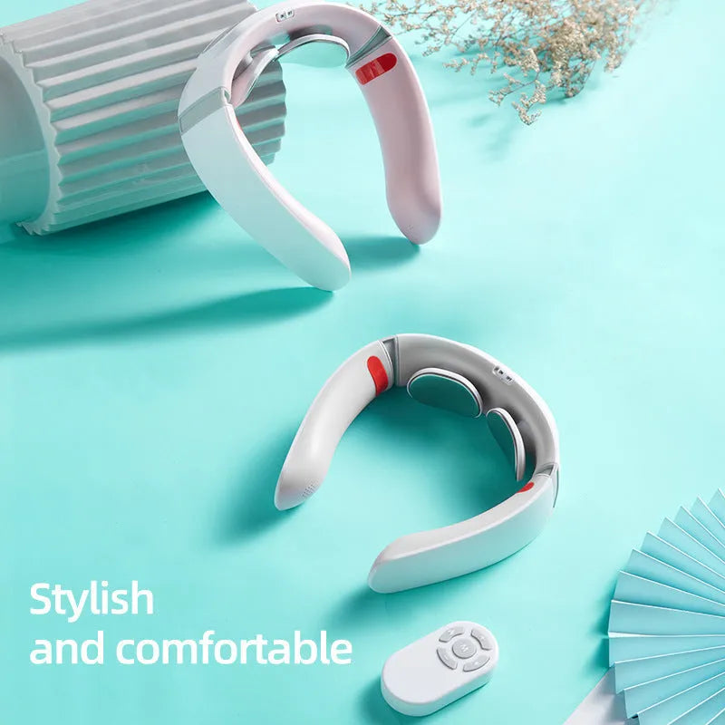 Grey white neck massager with voice control and ergonomic neck curve design