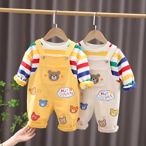 Boys' plaid cotton top overalls suit in beige with strap pants, suitable for 80-120cm height