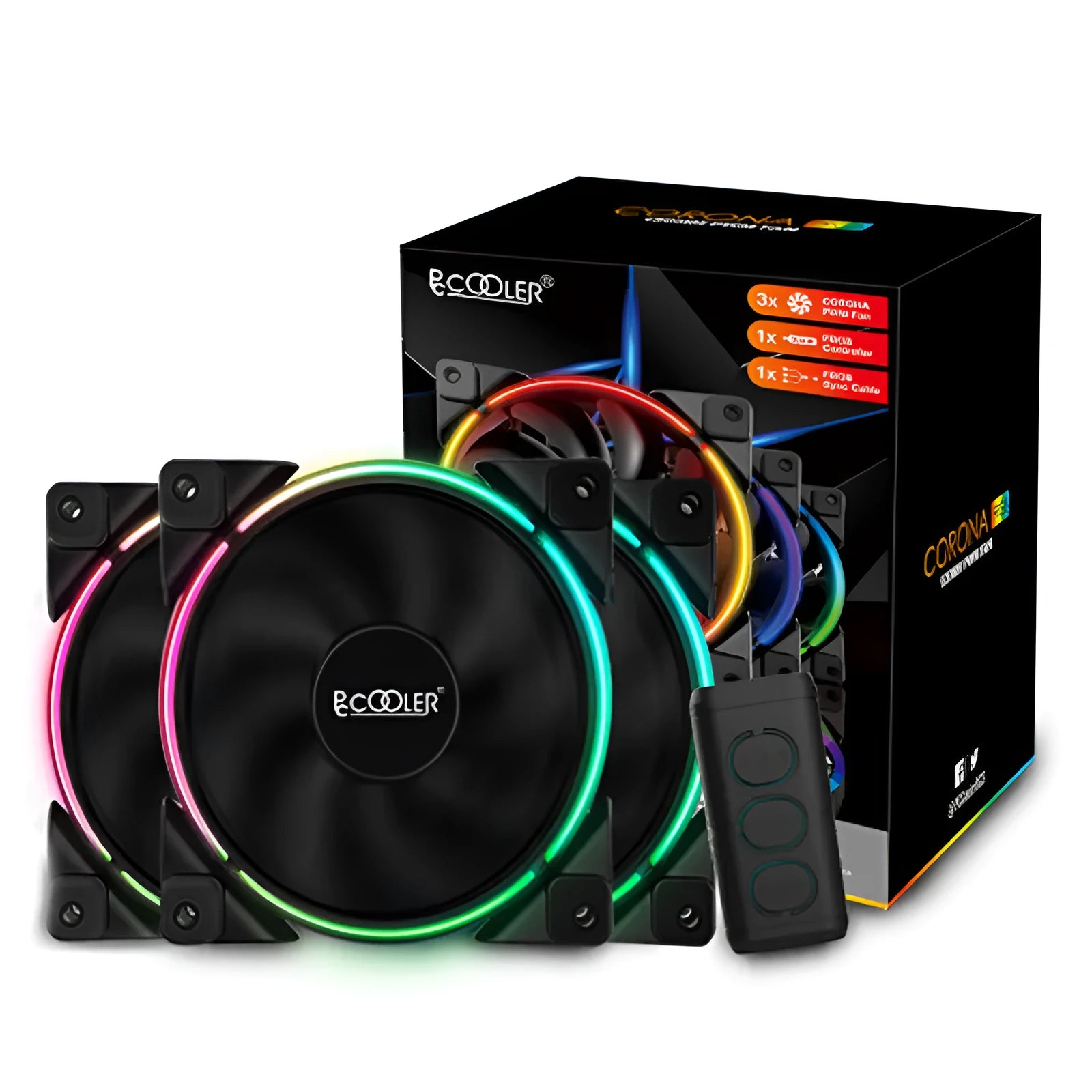 Three black 12 cm FRGB computer case fans with hydraulic bearings for PC cooling