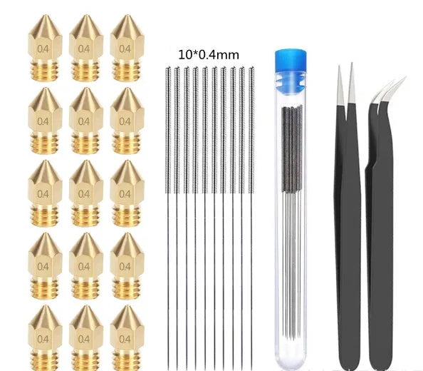 Brass MK8 nozzle and stainless steel cleaning pin for 3D printer maintenance.