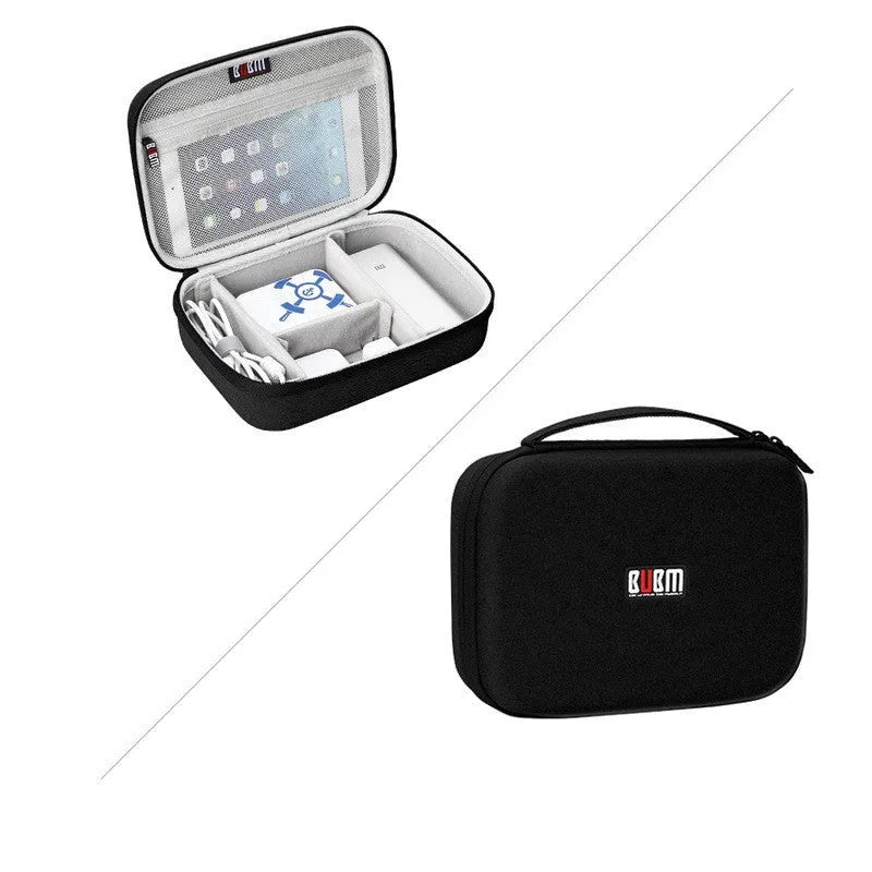 Black and grey EVA digital storage bag for headphones and cables, showing hand bag shape.