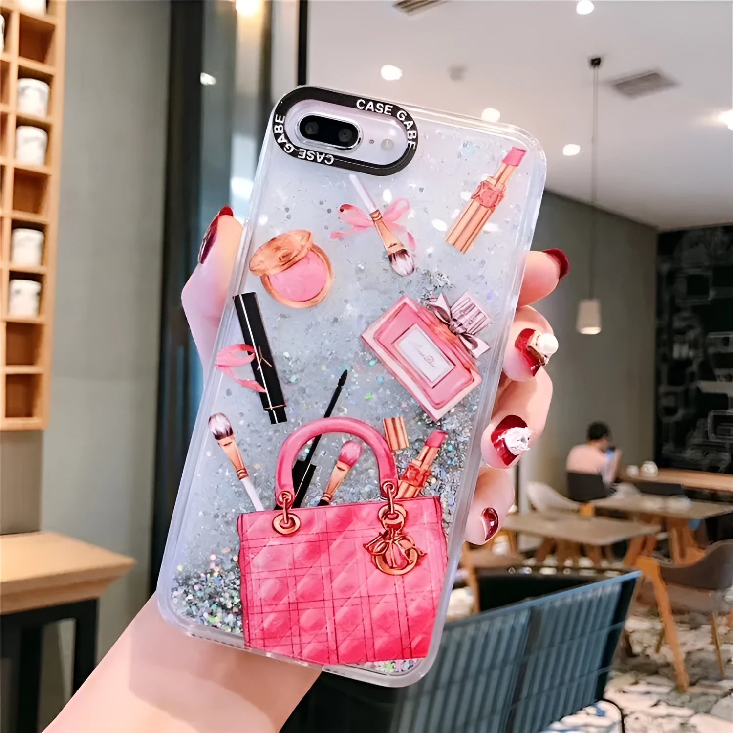 Pink cosmetic liquid quicksand phone case for iPhone XR with dynamic glitter effect