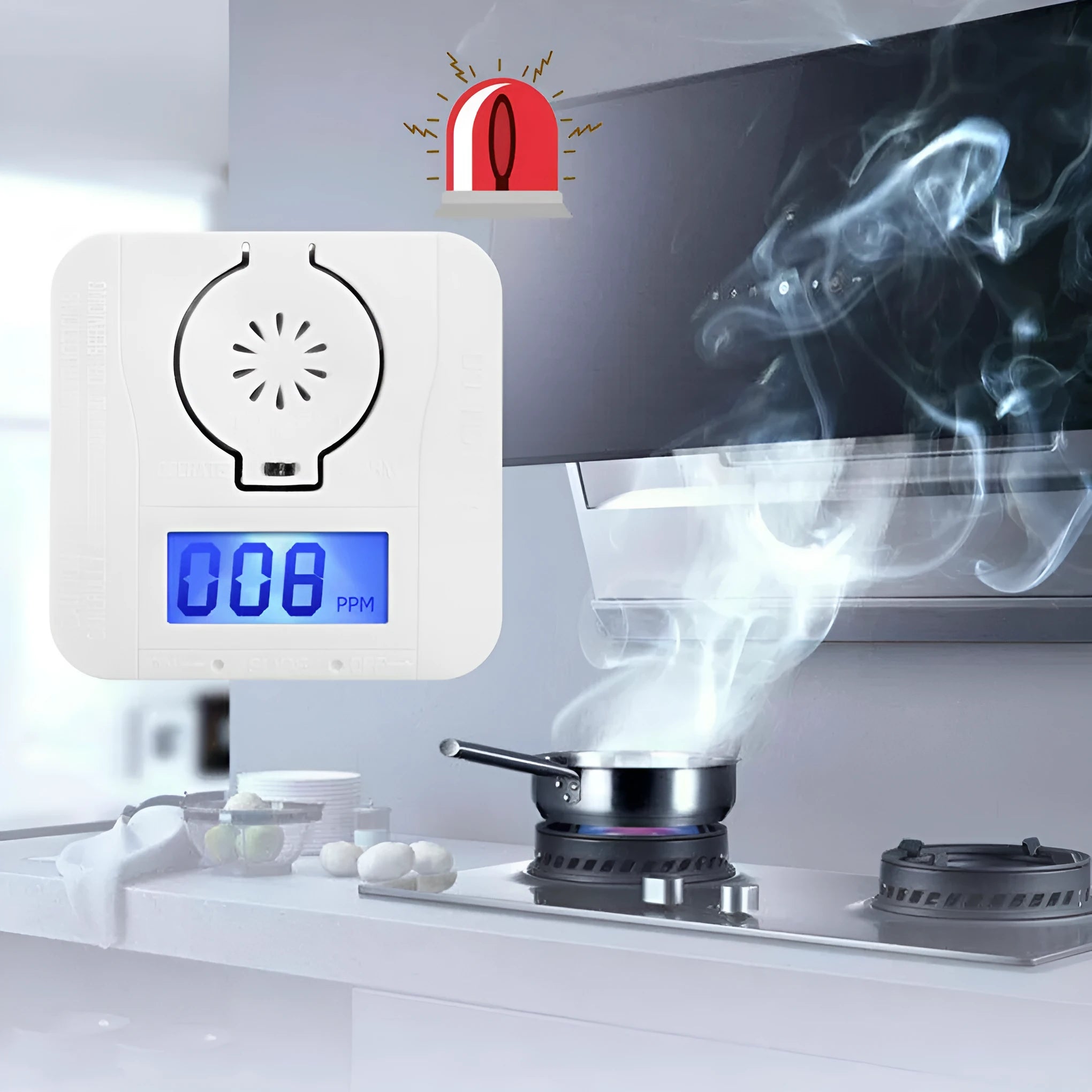 White wireless carbon monoxide alarm for wall mounting with 1.5 metre detection distance