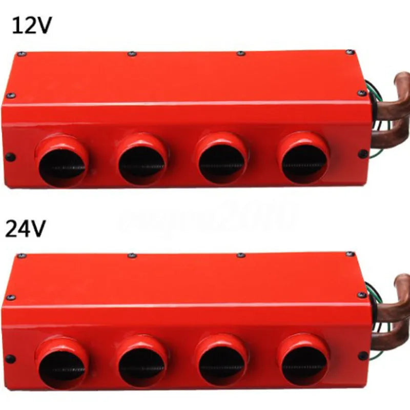 Metal car heater unit with four small copper pipe connectors for 12V/24V vehicle installation.