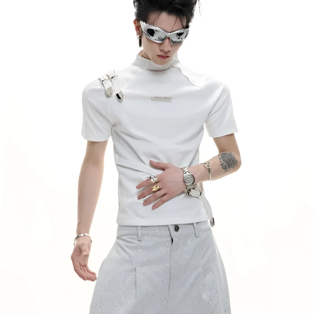 Men's black cotton T-shirt with metal belt design and small stand-up collar, slim fit short sleeve