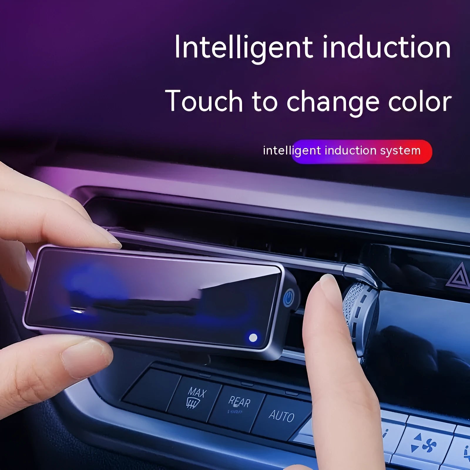 Black car air vent aromatherapy diffuser with LED light showing fragrance stick compartment