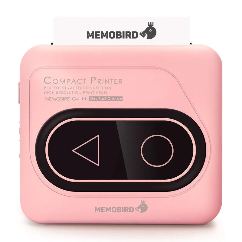 Bluetooth thermal mini printer in avocado green, pink, small yellow duck, or white colours with dimensions 87x79x39mm