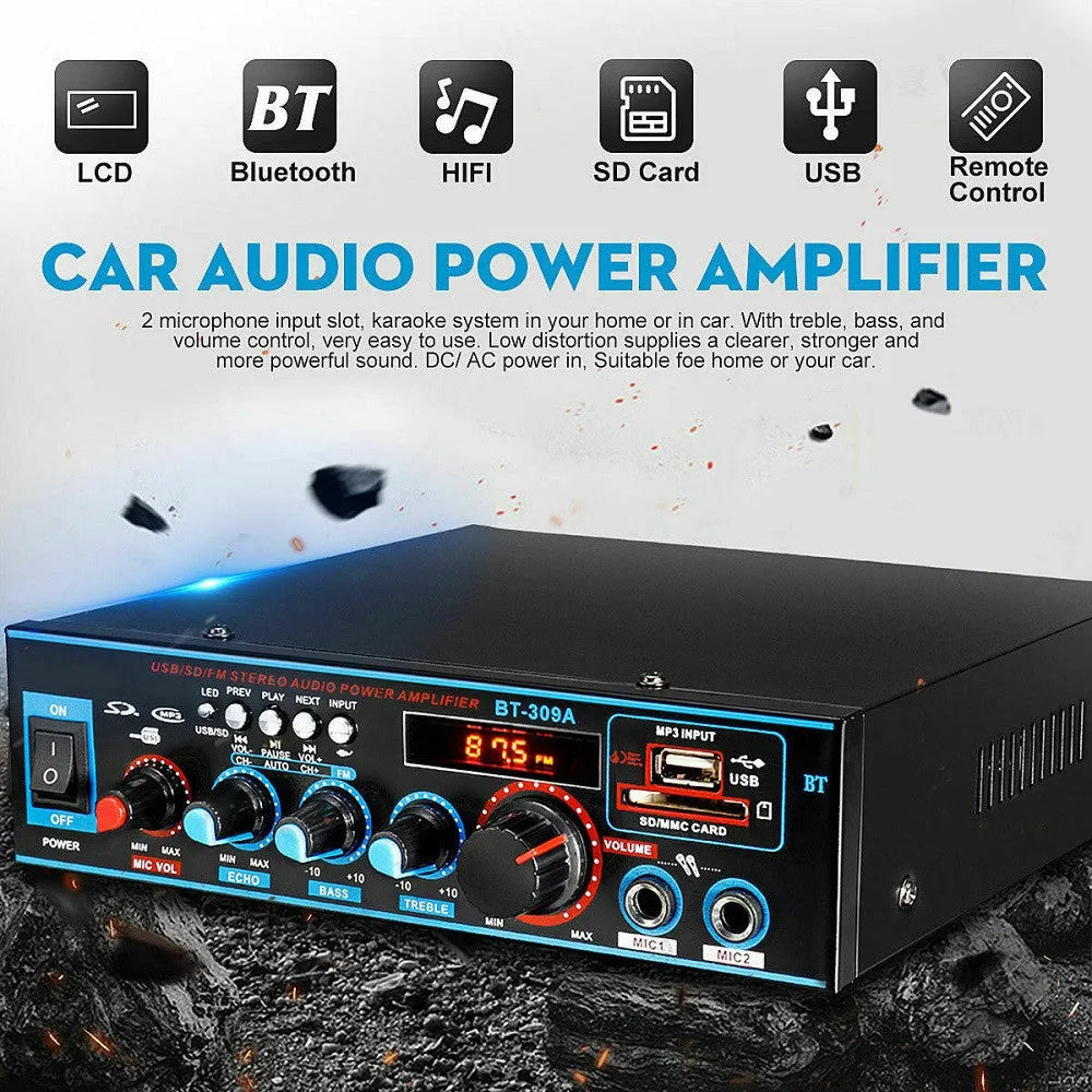 Black BT-309A-A Bluetooth and FM power amplifier with remote control for home or car.