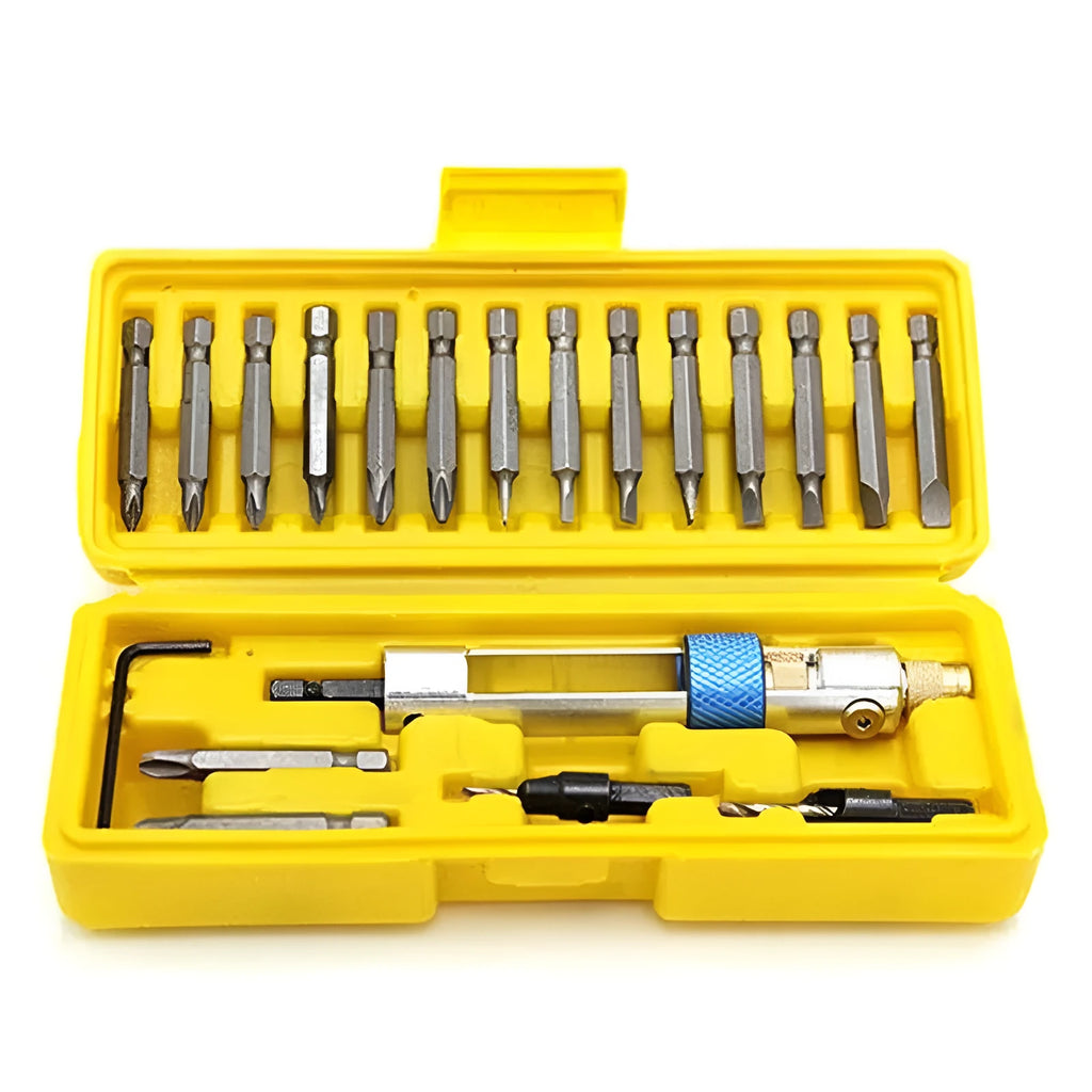 Half Time Drill driver tool with set of Phillips, flathead, and countersink bits on a workbench.