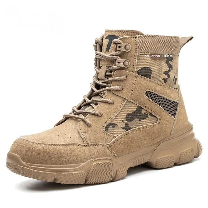 Insulated 10kV anti smashing anti piercing safety boots with suede cowhide upper and rubber sole.