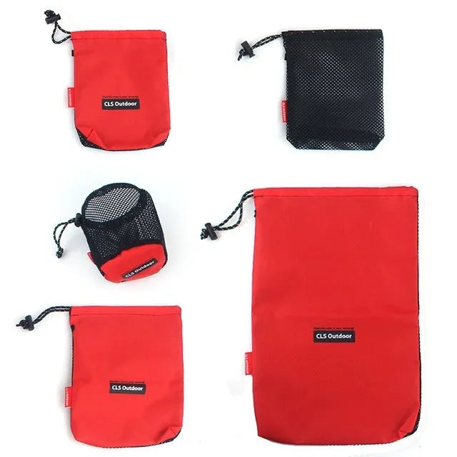 Set of five red travel storage bags made from Oxford cloth and mesh with zipper closures