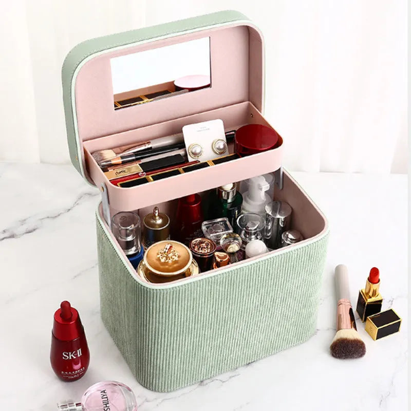 Corduroy cosmetic storage box with large capacity for home organisation in multiple colour options